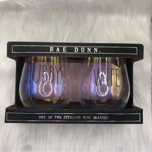 ✨🎉🎊HPx3🎊🎉✨RAE DUNN “Hubby Wifey” Stemless Wine Glasses w/ Iridescent Glass